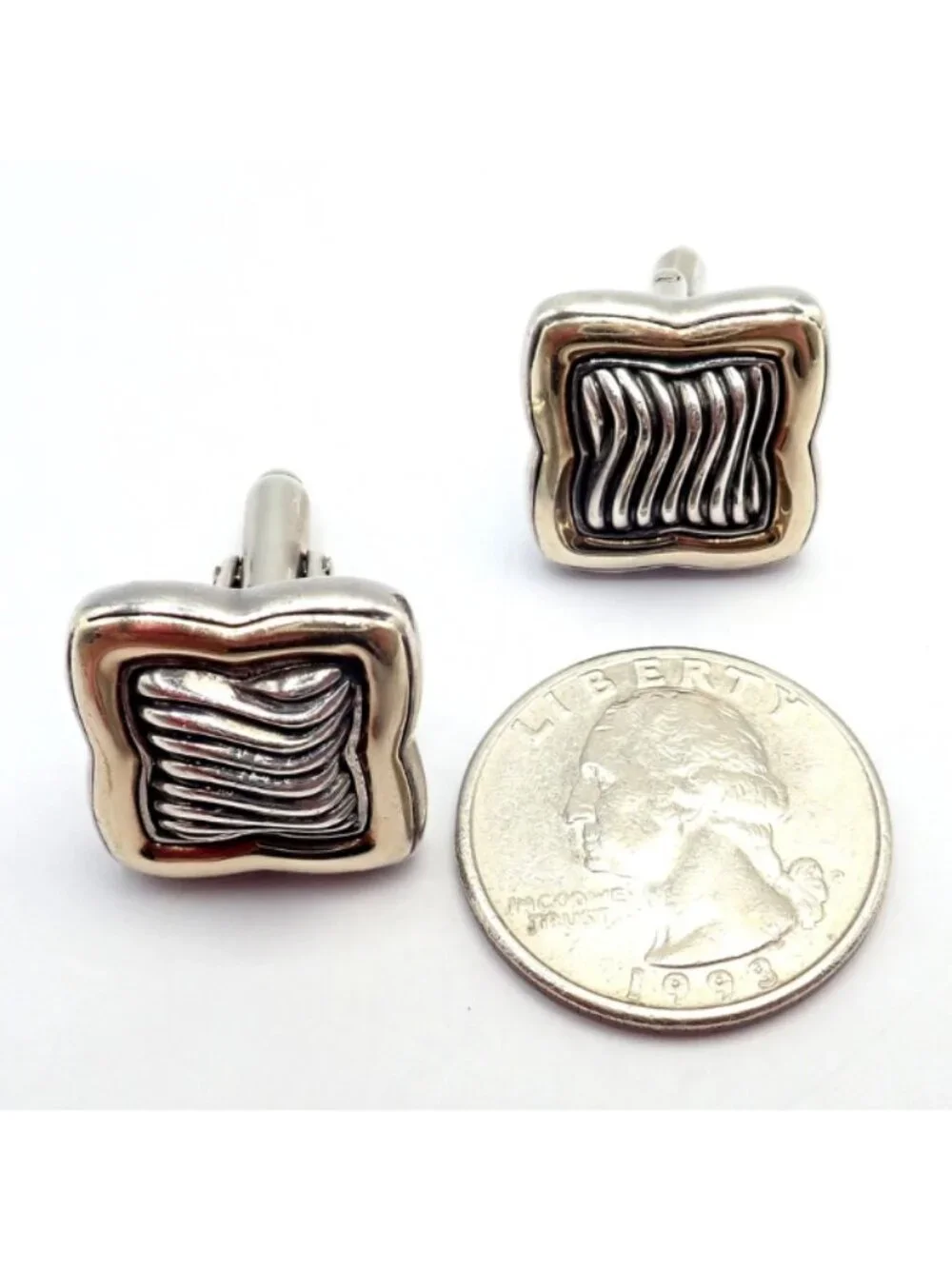 Authentic! David Yurman DY Silver 18k Yellow Gold Large Quatrefoil Cufflinks